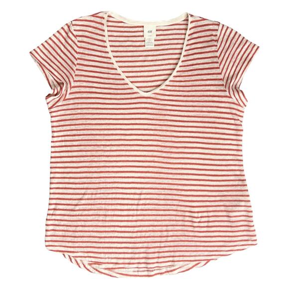 H&M 100% Linen Striped Short Sleeve Top Soft Cool V-Neck Tee Size Large - Picture 3 of 6